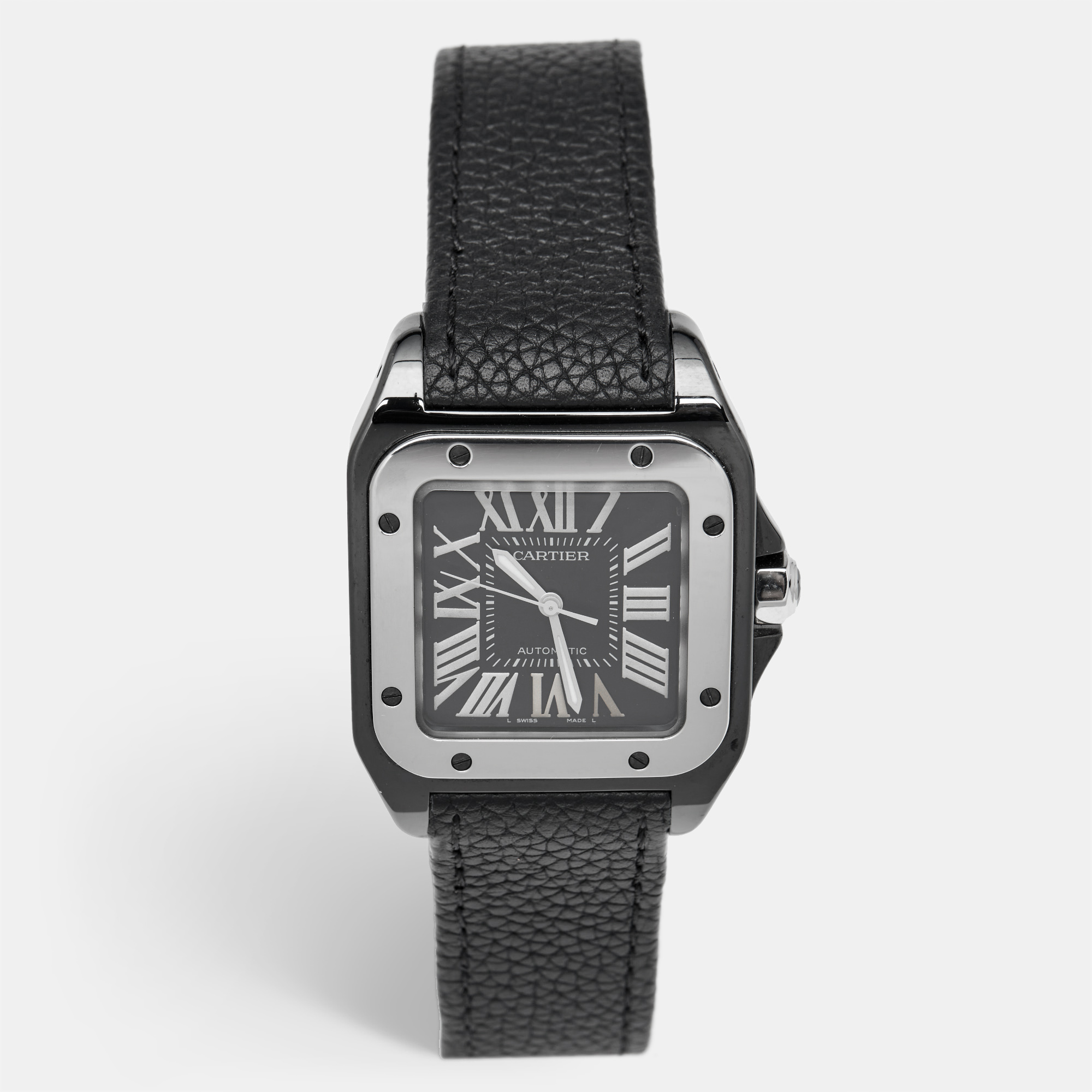 cartier black ceramic santos 100 calfskin leather 2878 men's wristwatch 33 mm