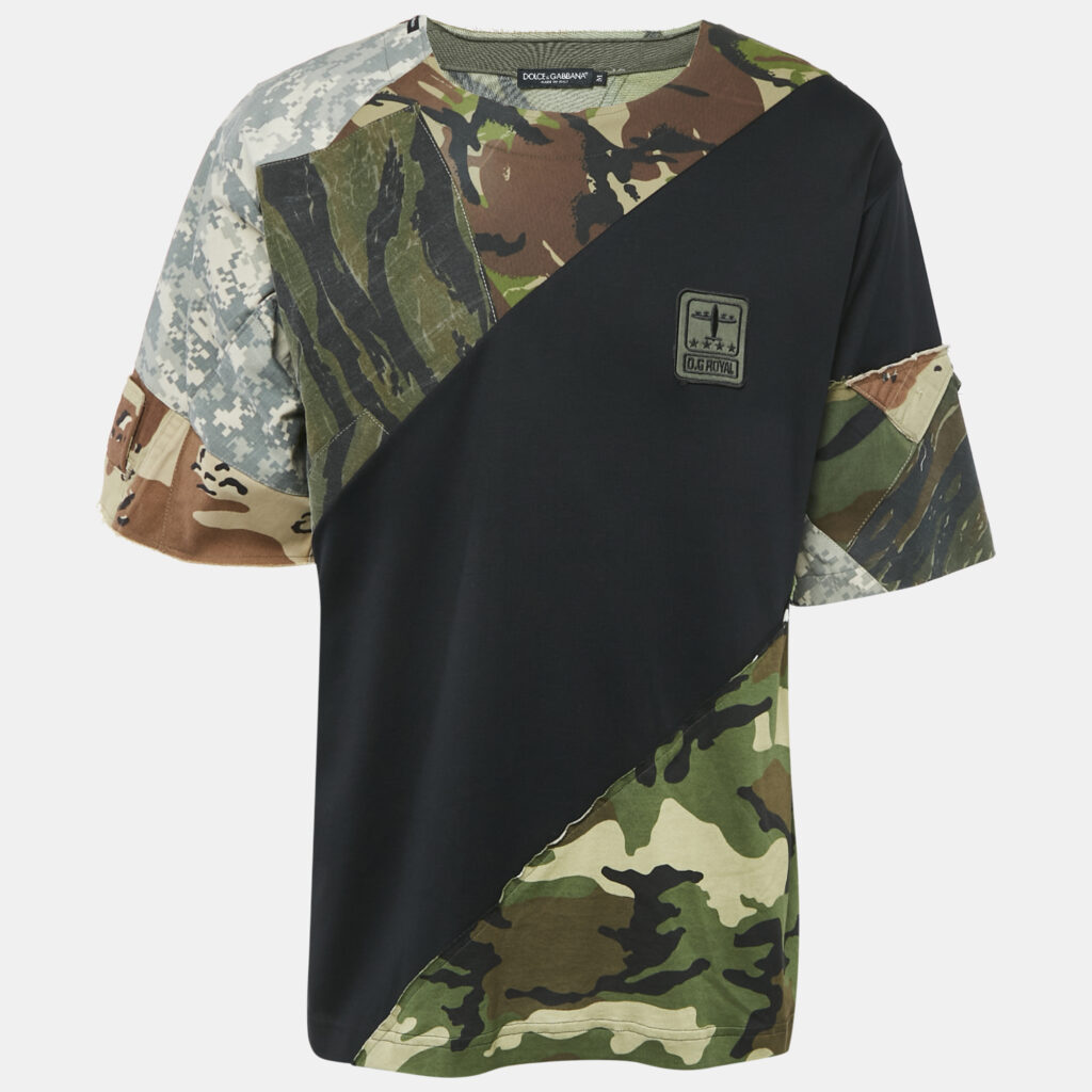 luxury-men-dolcegabbana-used-clothes-p1107341-001.jpg Dolce & Gabbana Black/Green Camouflage Denim and Jersey Patchwork T-Shirt M