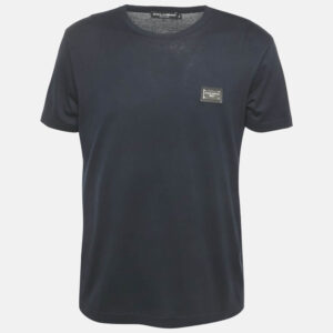 dolce & gabbana navy blue cotton logo plaque crew neck t-shirt l