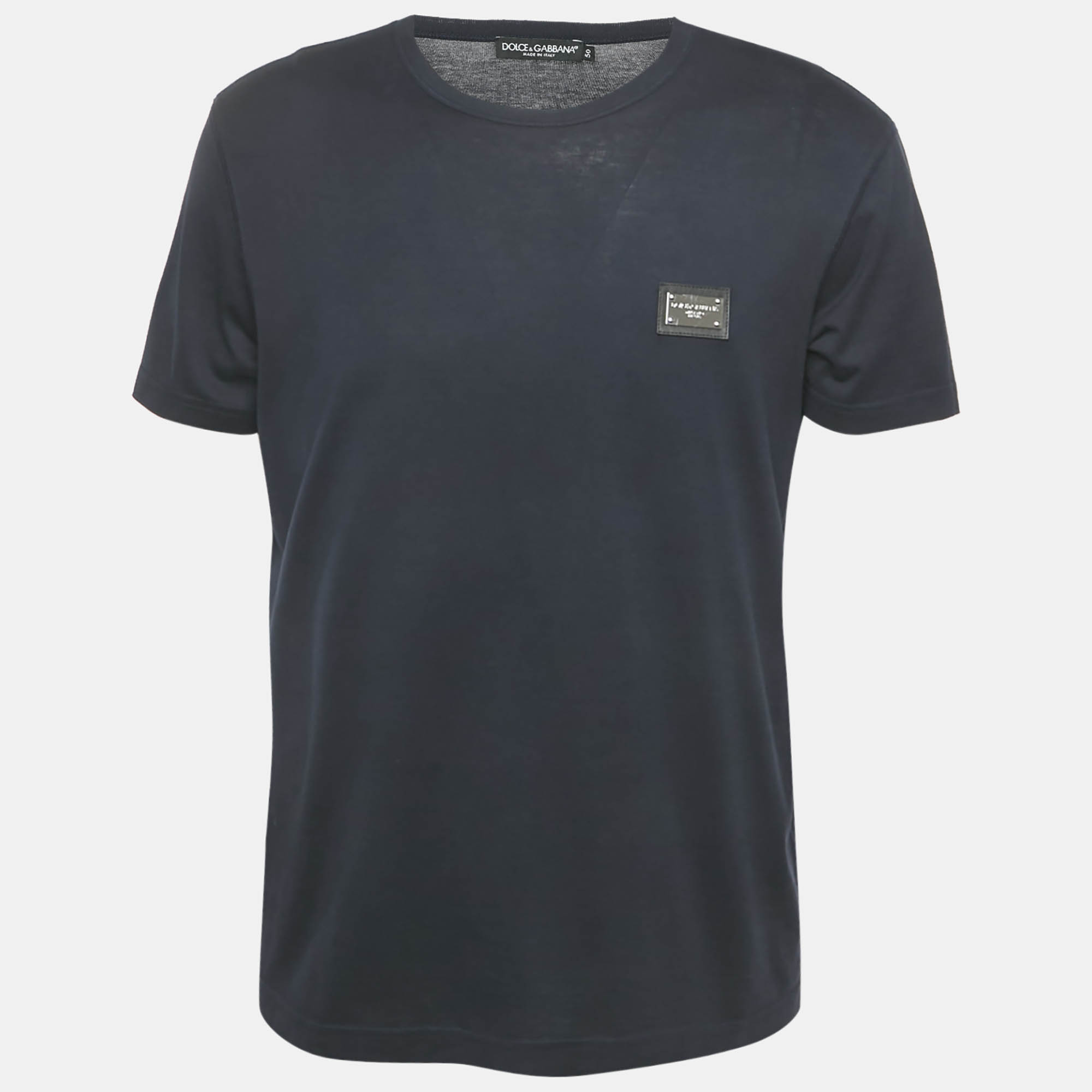 dolce & gabbana navy blue cotton logo plaque crew neck t-shirt l