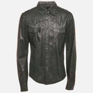 dolce & gabbana green real leather button front shirt xl