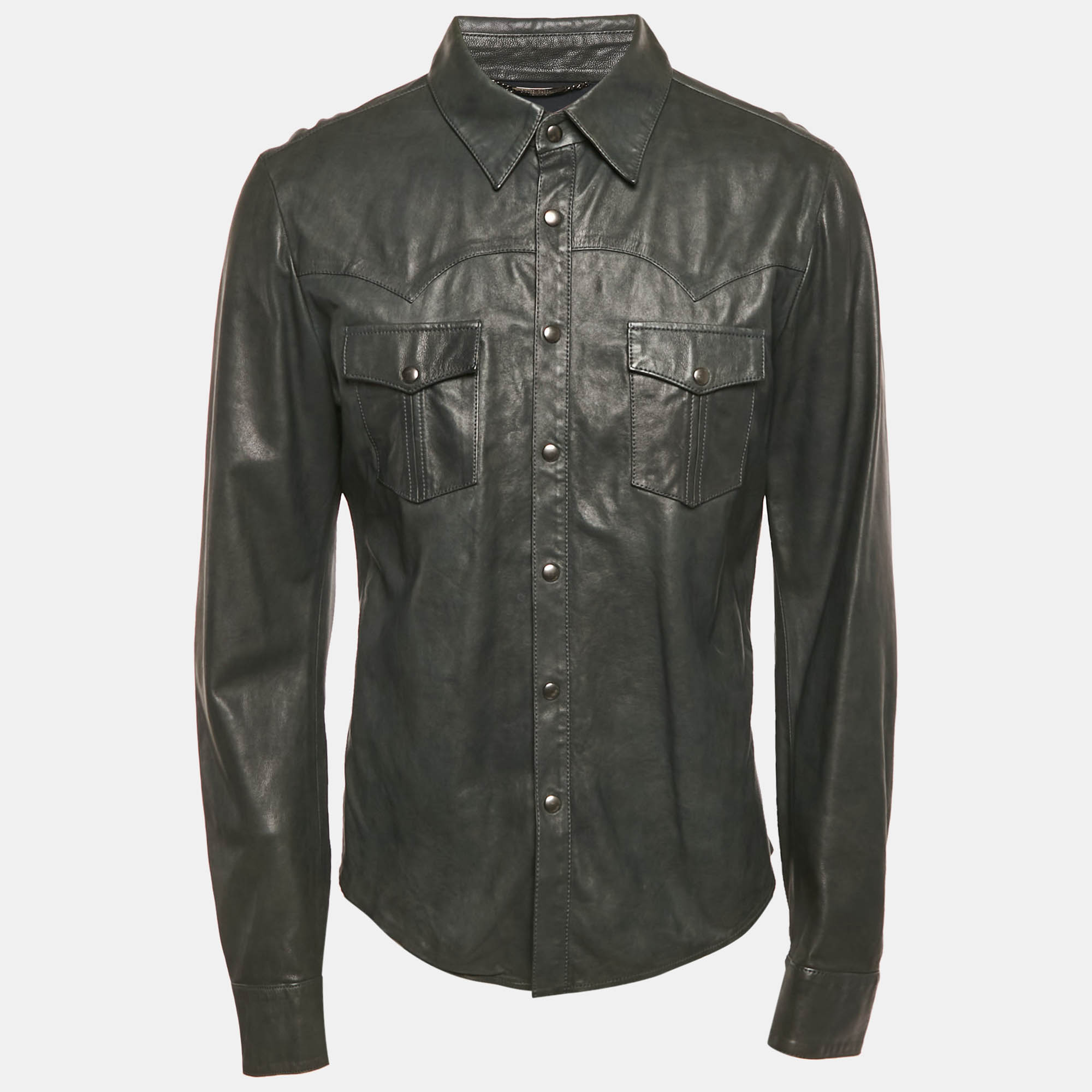 dolce & gabbana green real leather button front shirt xl