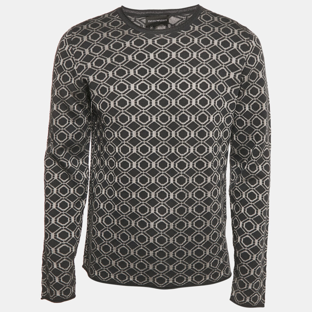 luxury-men-emporio-armani-used-clothes-p1145290-006.jpg Emporio Armani Grey Patterned Wool Crew Neck Sweatshirt XL