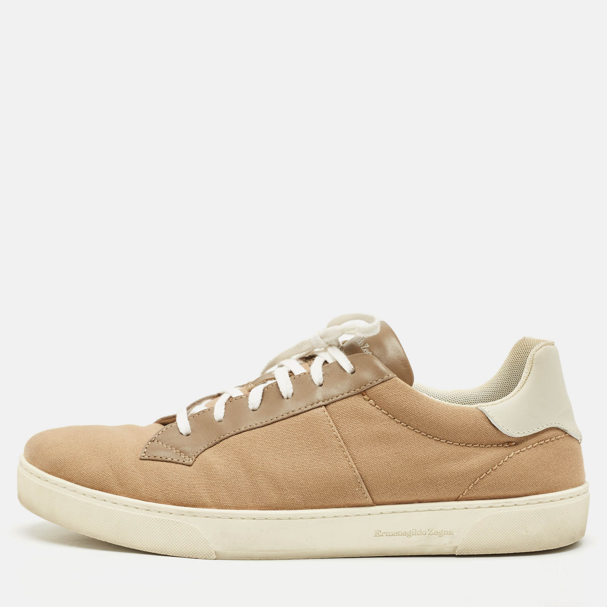 ermenegildo zegna camel brown/white canvas and leather low top sneakers size 43.5