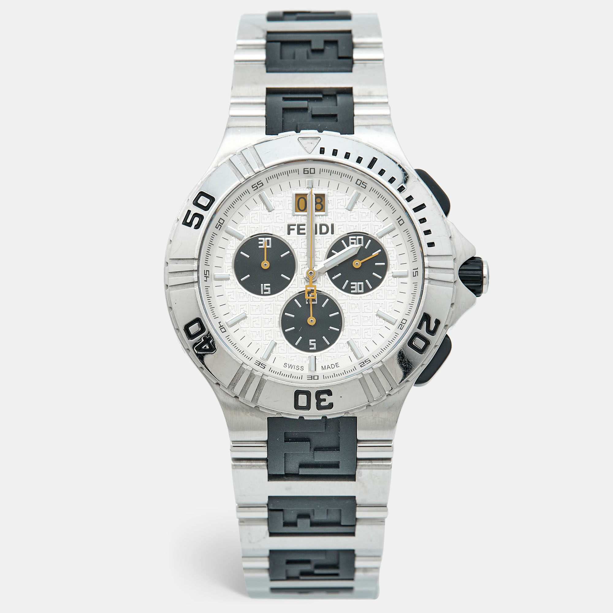 fendi silver dial two-tone stainless steel rubber 4800g chronograph men's wristwatch 43 mm