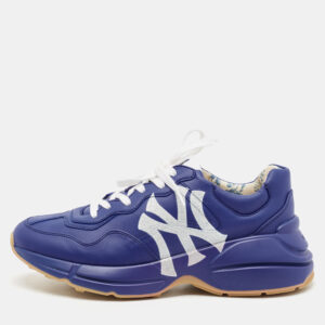 gucci blue leather ny yankees rhyton sneakers size 41.5