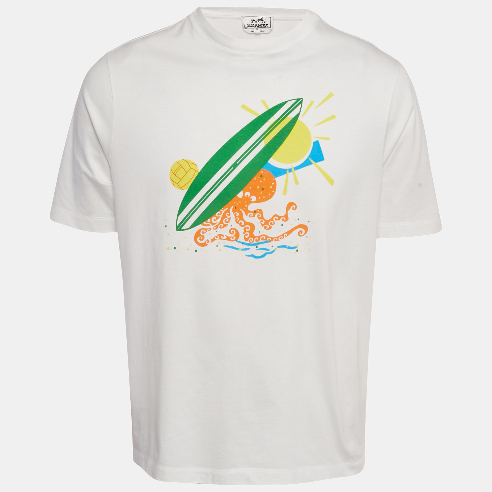 hermes white surfboard beach print cotton poulpwatch t-shirt m