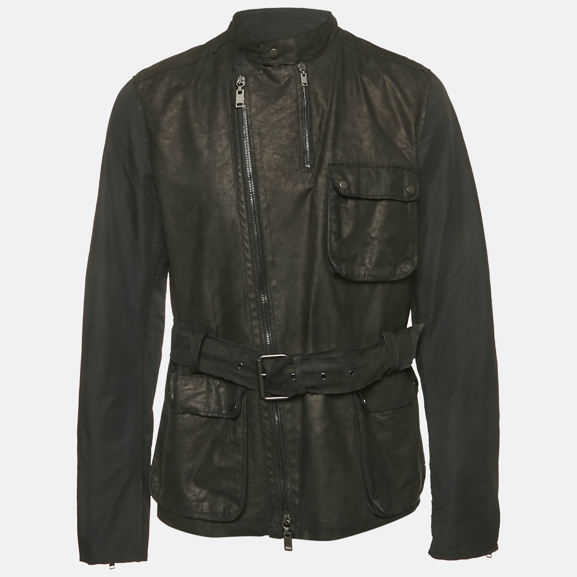 lanvin black leather and synthetic zip-up jacket m