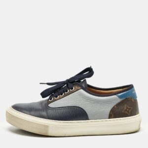 louis vuitton blue/beige monogram denim and leather low top sneakers size 40.5