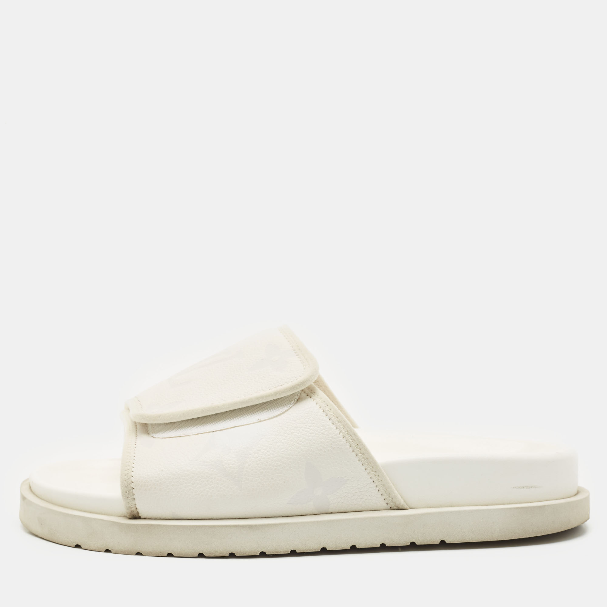 louis vuitton white monogram embossed leather miami flat slide sandals size 41