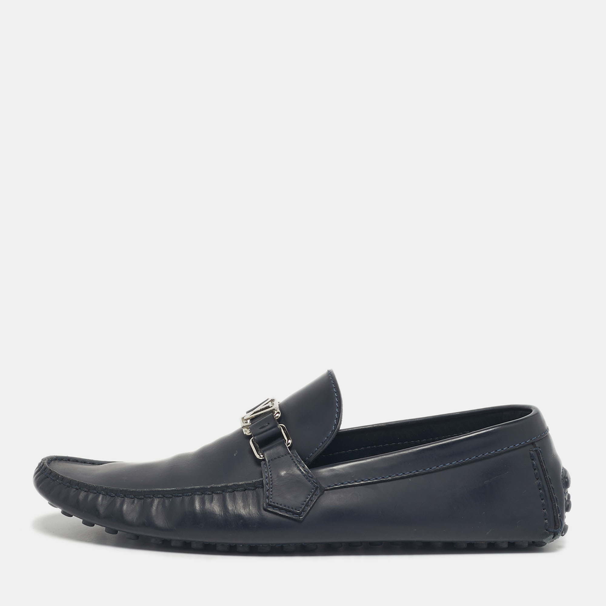 louis vuitton navy blue leather monte carlo loafers size 44