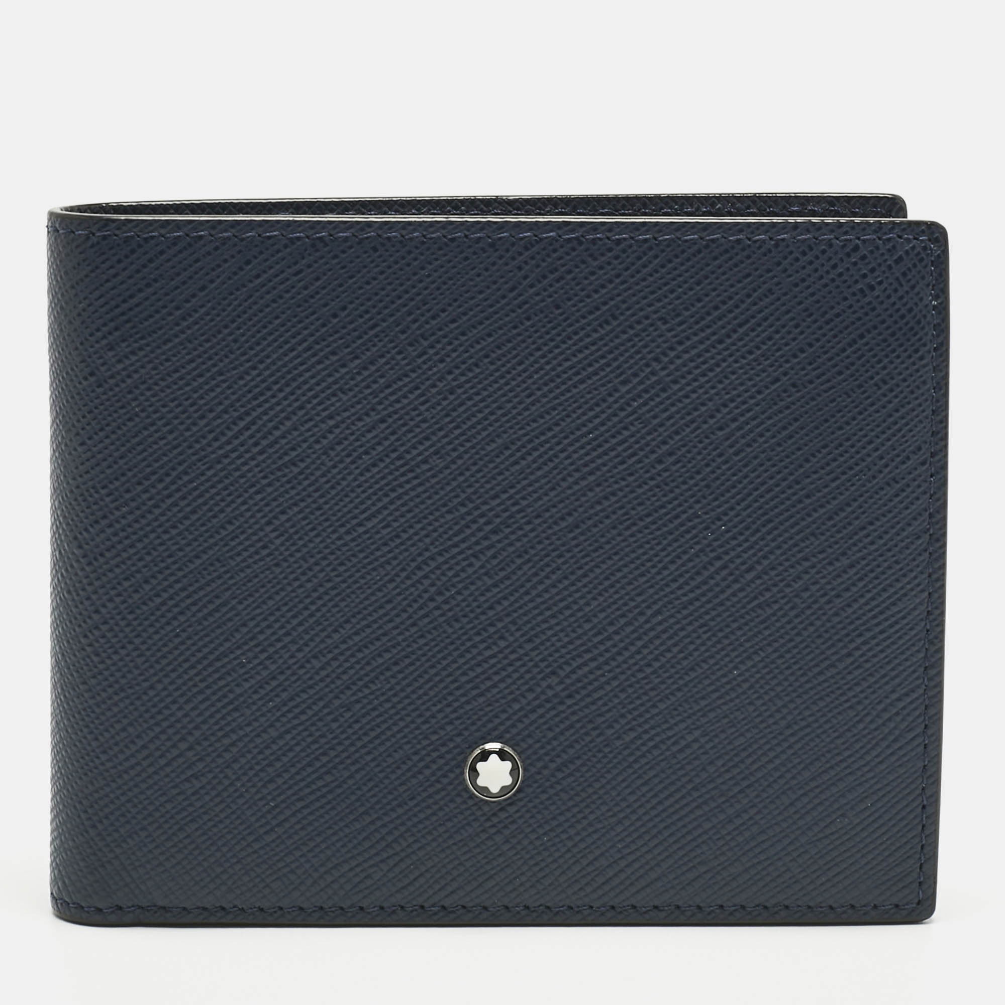 montblanc navy blue leather sartorial 6cc bifold wallet