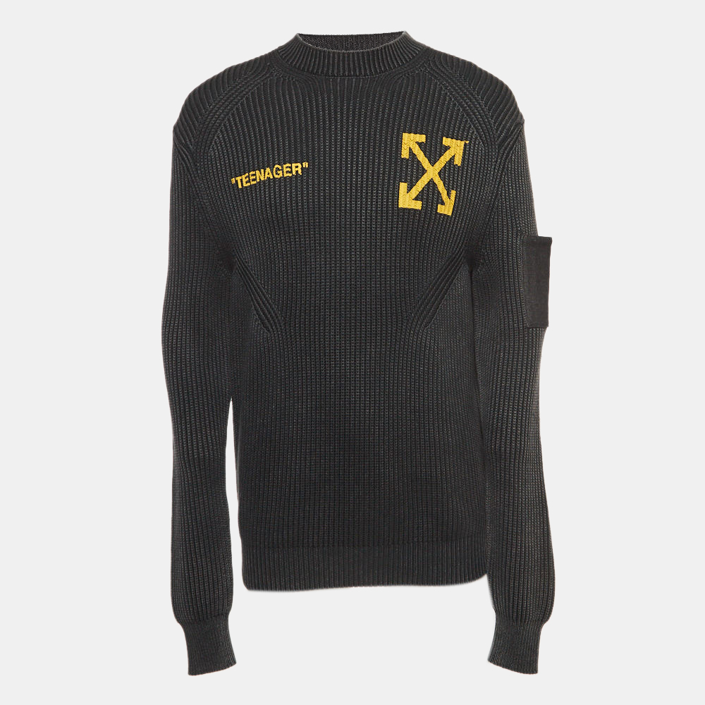 luxury-men-off-white-used-clothes-p921245-001.jpg Off-White Charcoal Black Knit Flamed Bart Print Sweater M