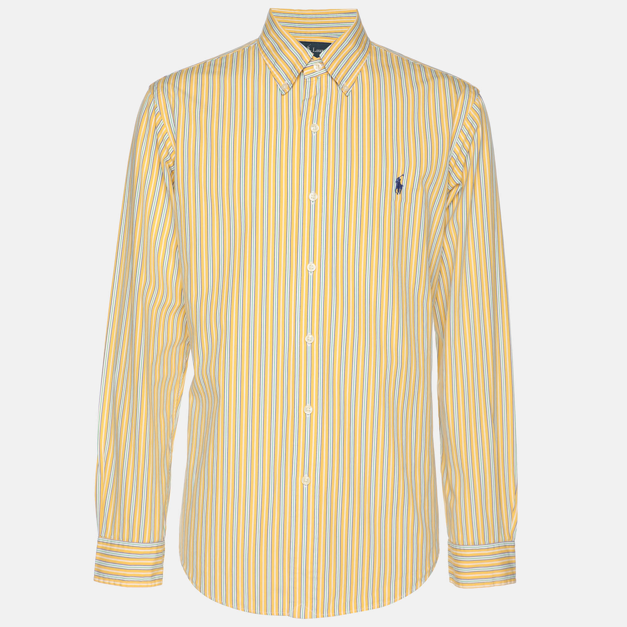 polo ralph lauren yellow multicolor stripe cotton long sleeve shirt m