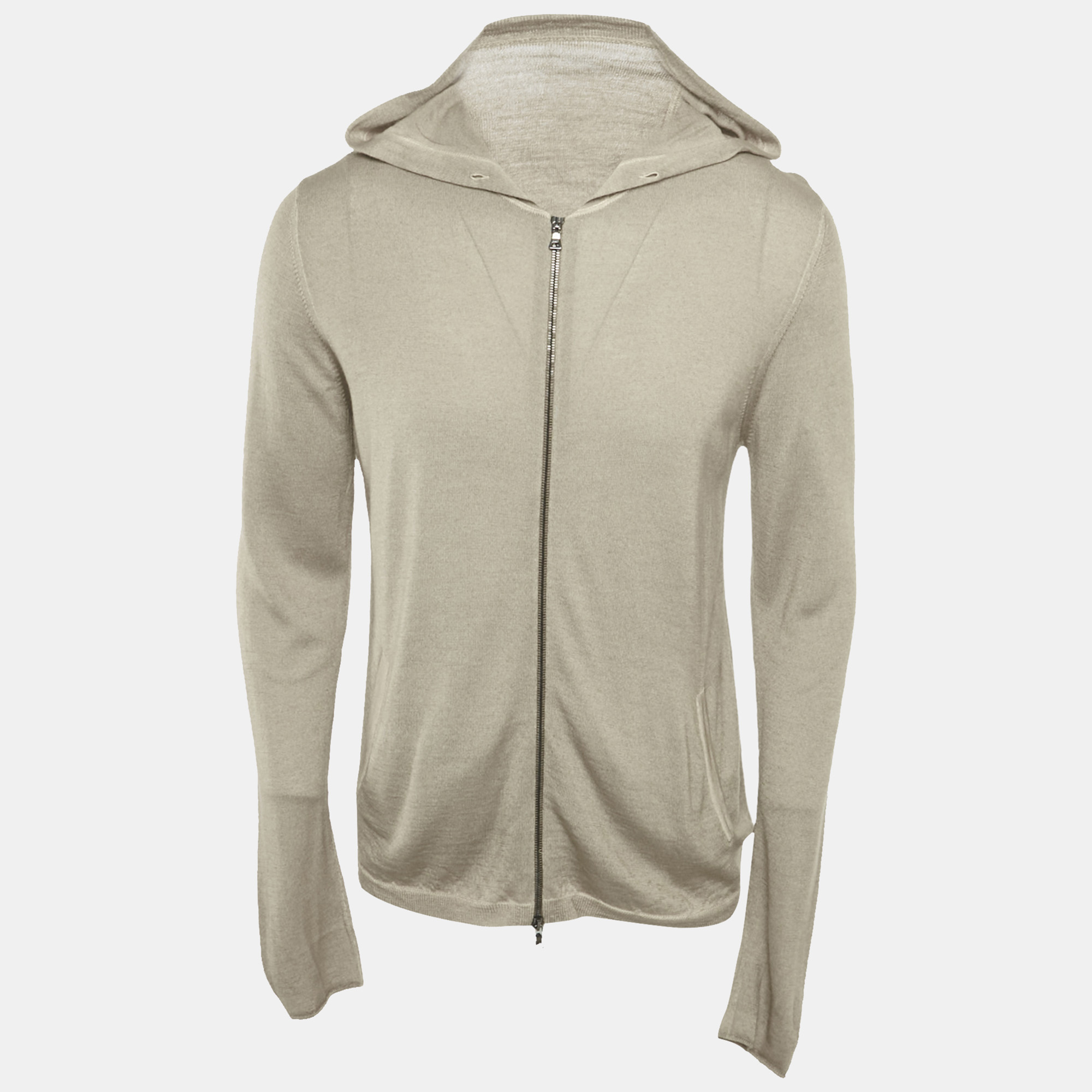 prada beige wool knit zip-up hooded jacket xl