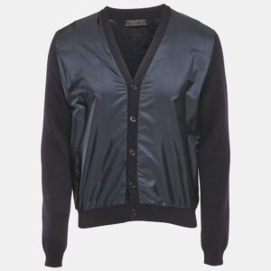 prada navy blue wool & nylon paneled cardigan l