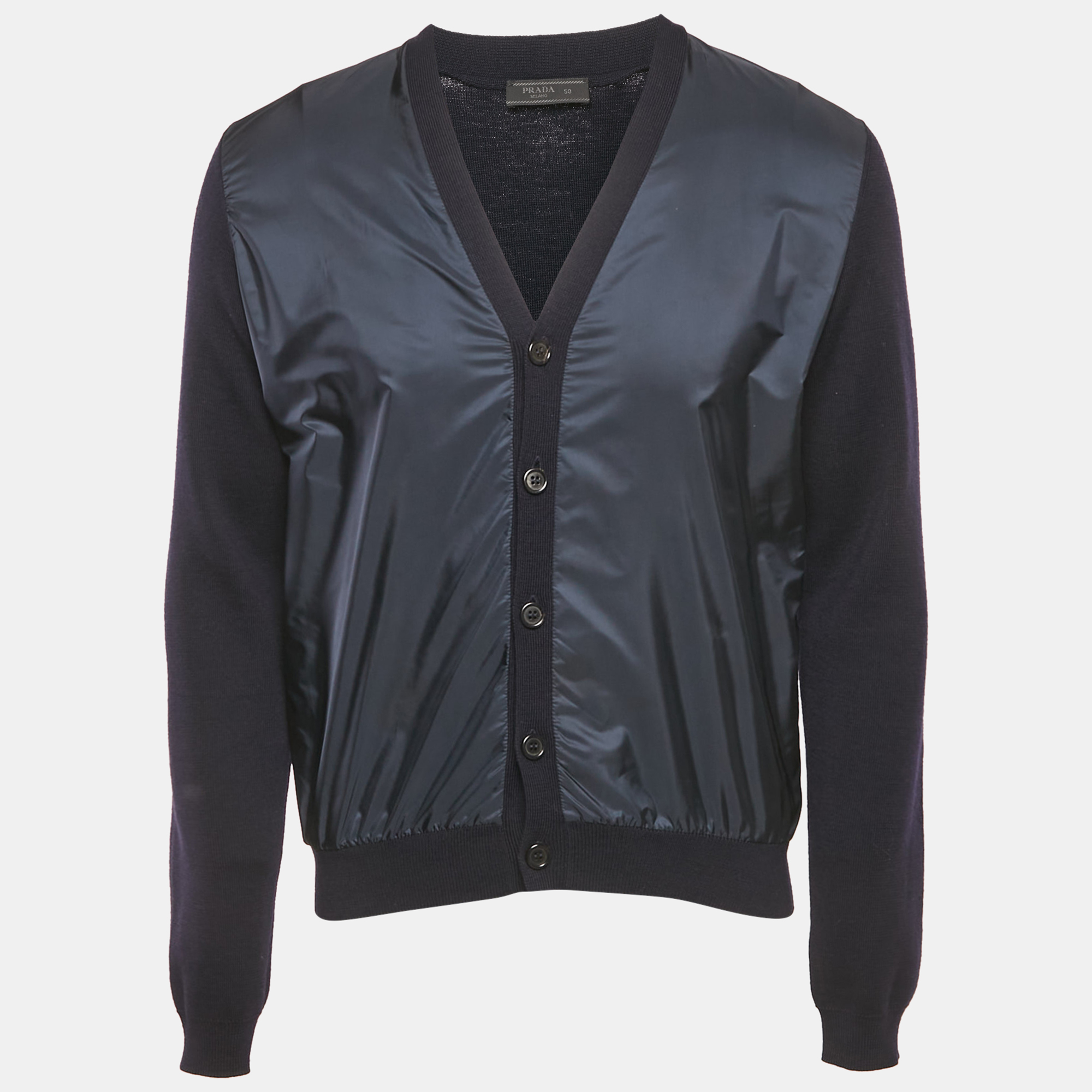 prada navy blue wool & nylon paneled cardigan l