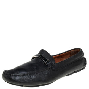 prada black leather logo embellished loafers size 41