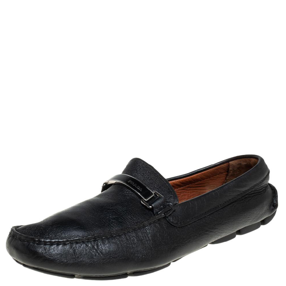 luxury-men-prada-used-shoes-p459125-008.jpg Prada Black Leather Logo Embellished Loafers Size 41