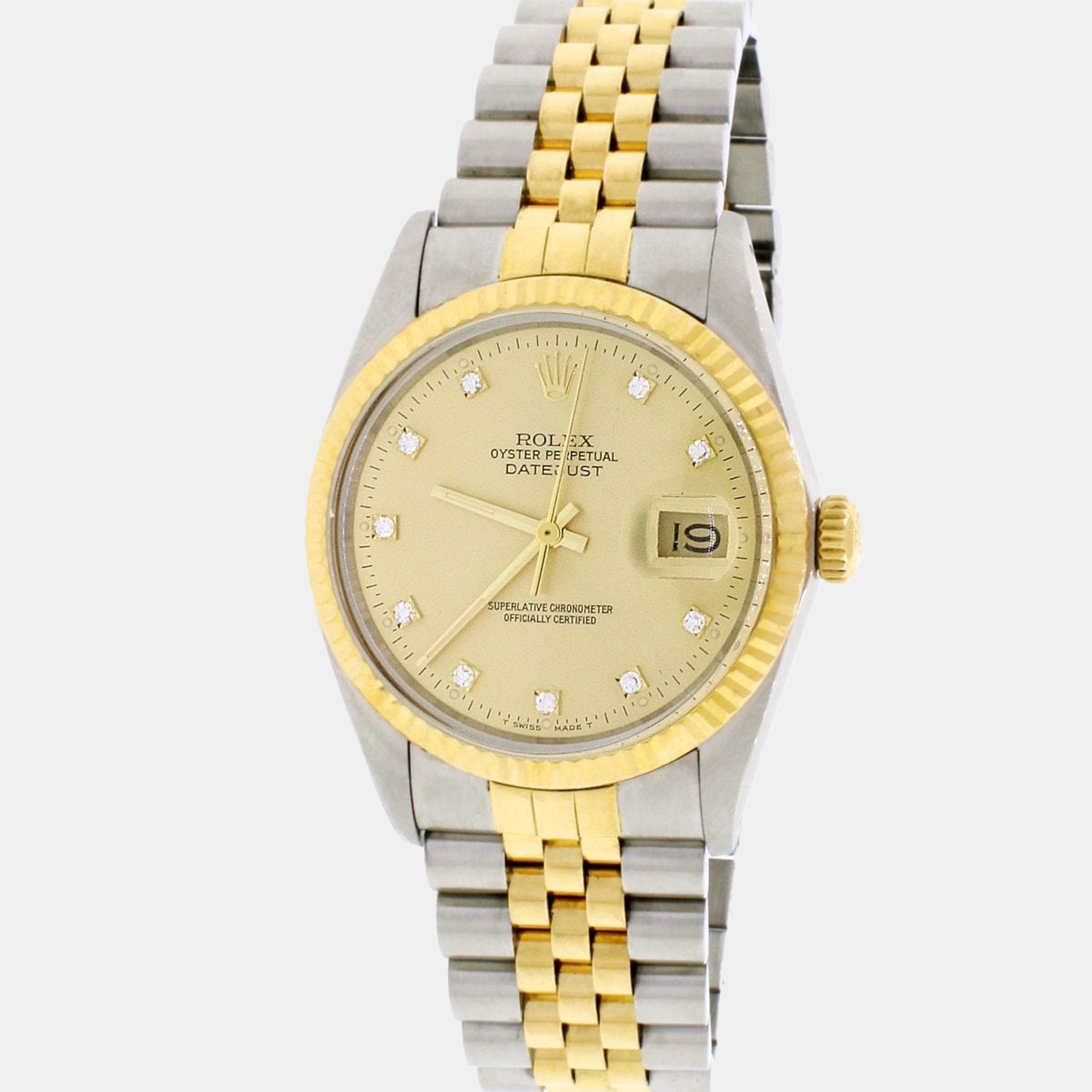 rolex champagne 18k yellow gold stainless steel diamond datejust 16013 automatic men's wristwatch 36 mm