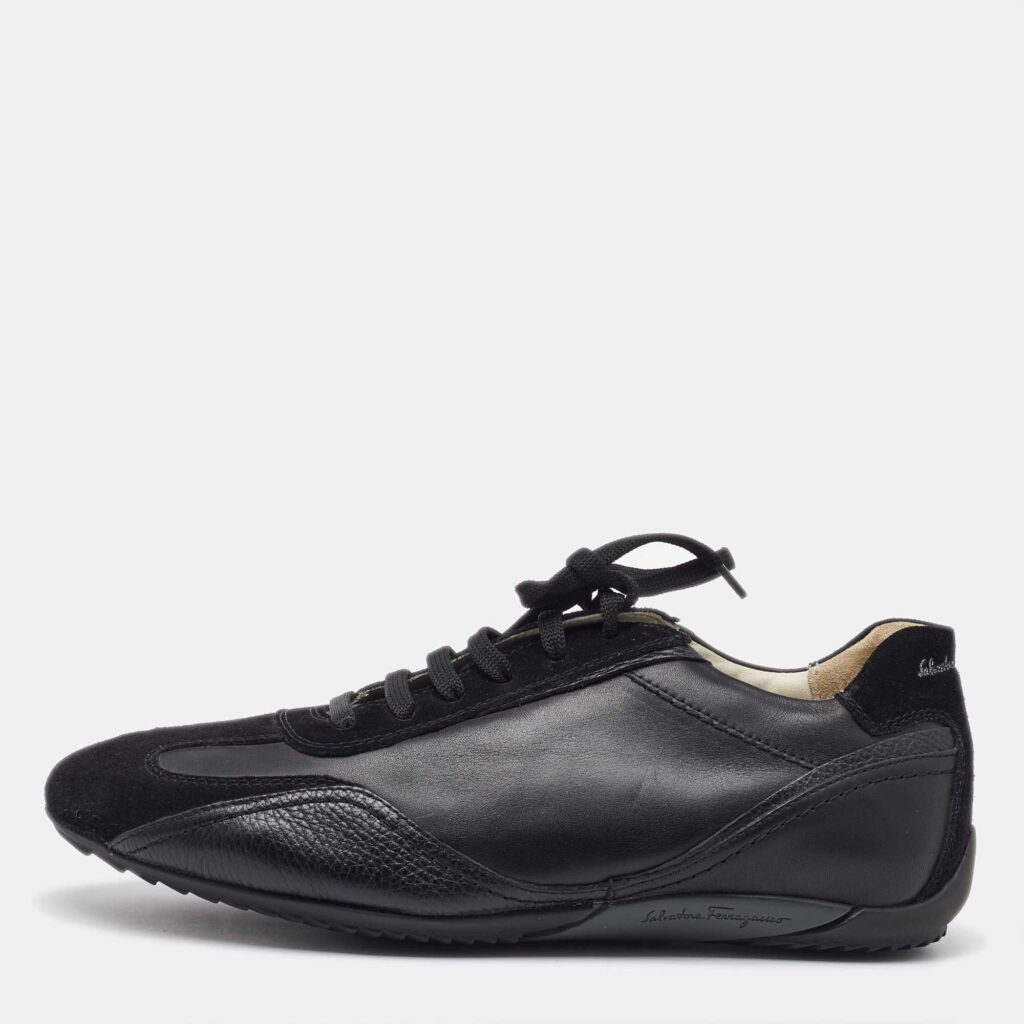 luxury-men-salvatore-ferragamo-used-shoes-p1115631-003.jpg Salvatore Ferragamo Black Leather and Suede Low Top Sneakers Size 41.5