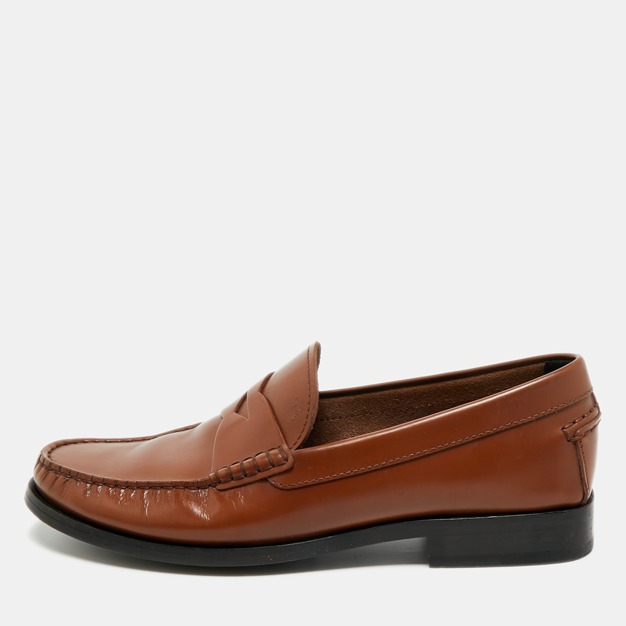 tod's brown leather penny slip on loafers size 42