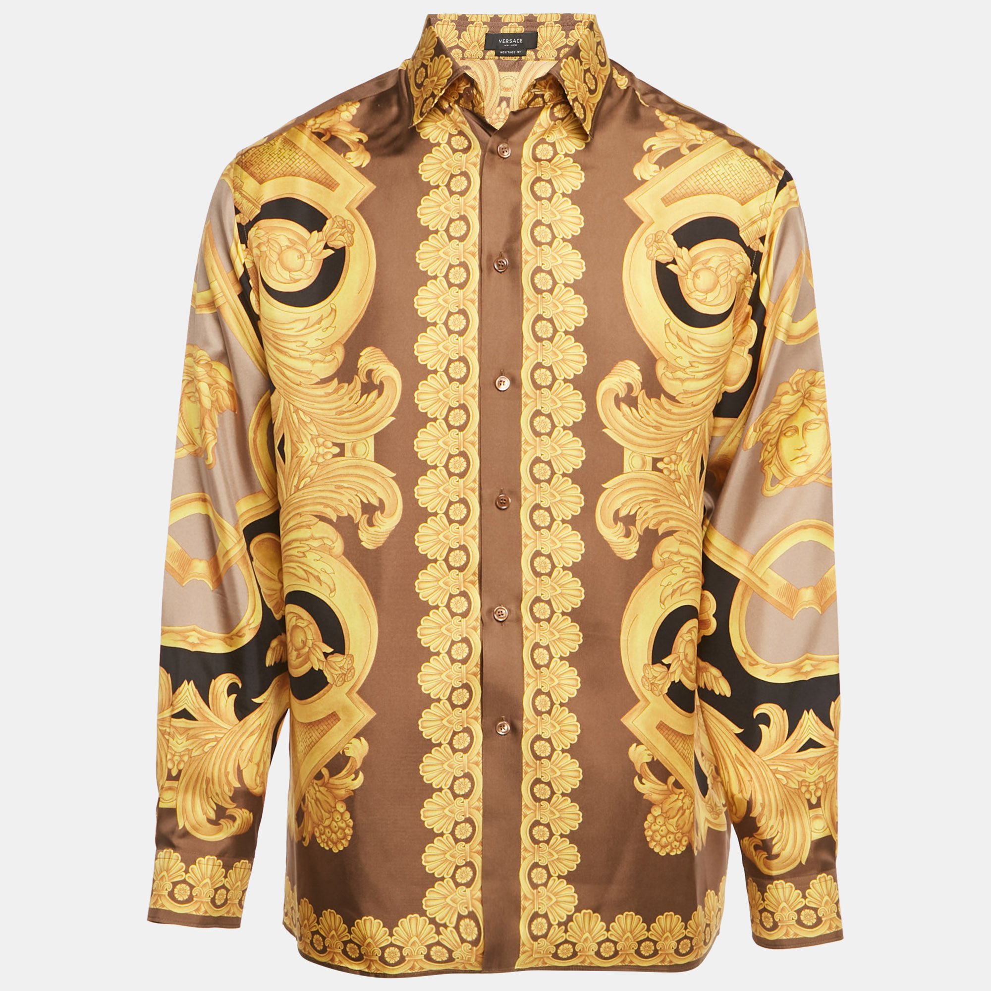 versace yellow/beige barocco print silk heritage fit shirt m