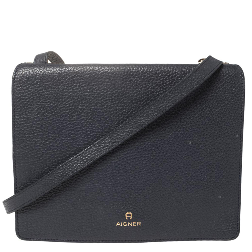 Aigner Navy Blue Leather Flap Crossbody Bag