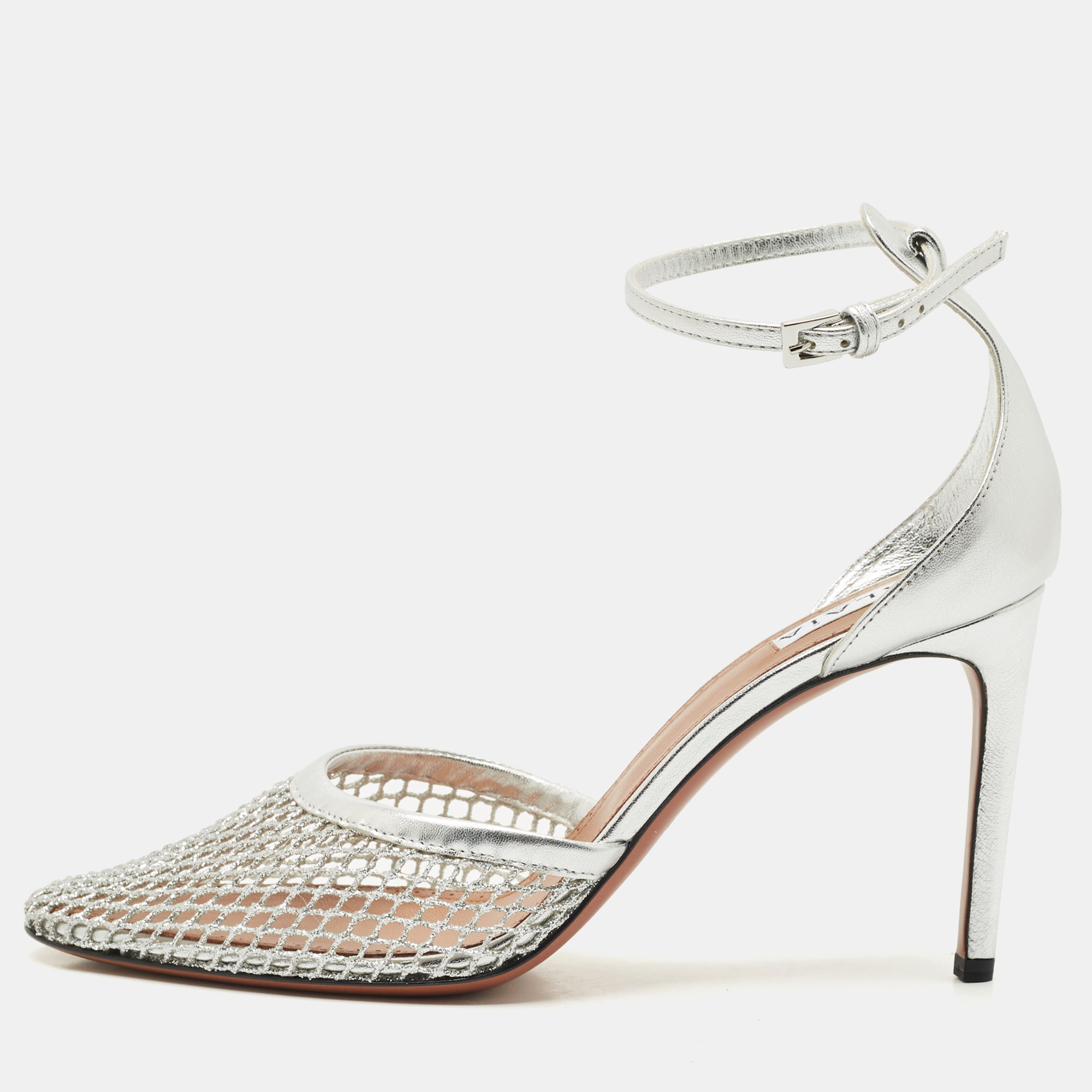alaia silver fishnet and leather ankle strap sandals size 41