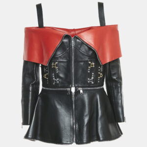 alexander mcqueen black/red leather zip front cold-shoulder top m