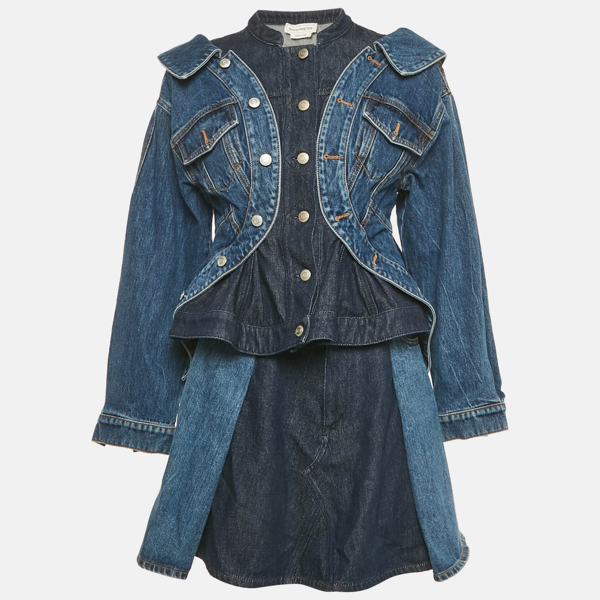 alexander mcqueen blue denim jacket and skirt set m
