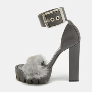alexander mcqueen dark grey leather and fur ankle strap sandals size 37