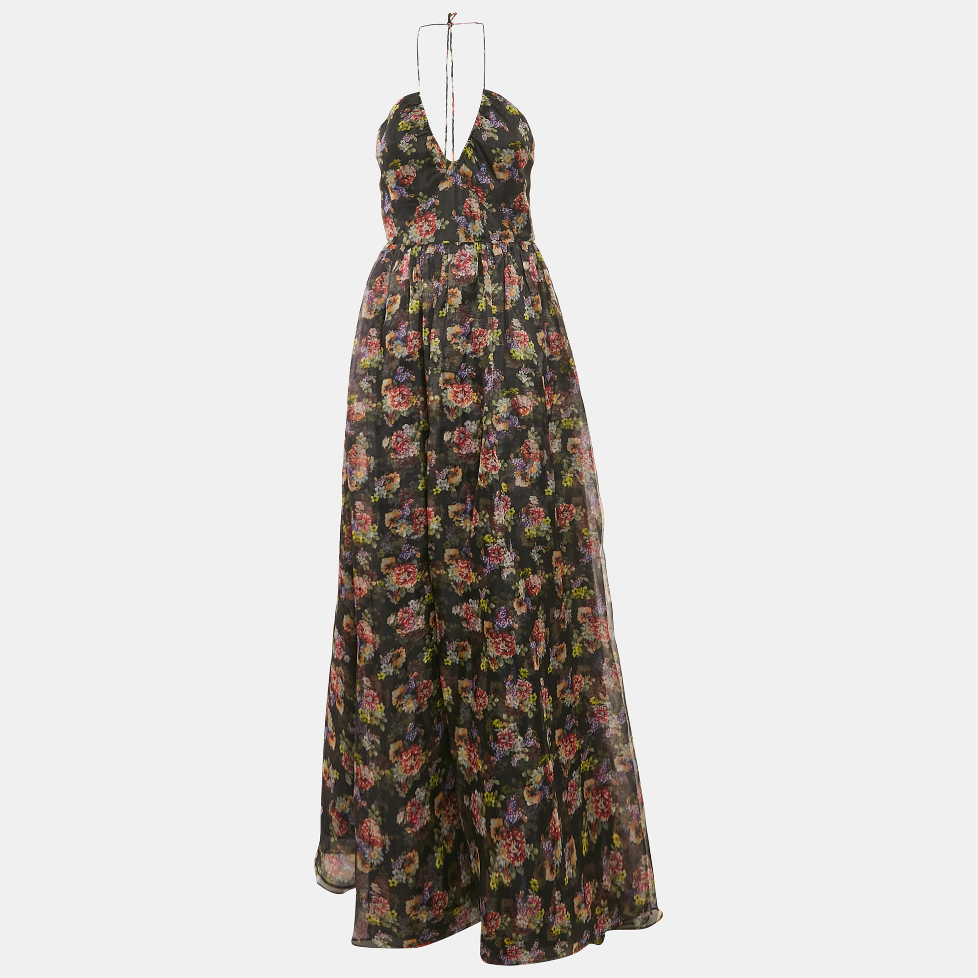 alice + olivia black floral print silk-taffeta saori gathered gown m