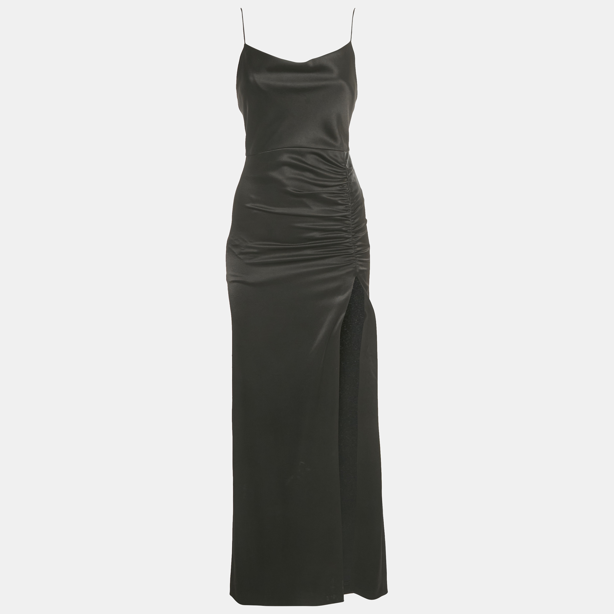 alice + olivia black satin ruched diana maxi dress s