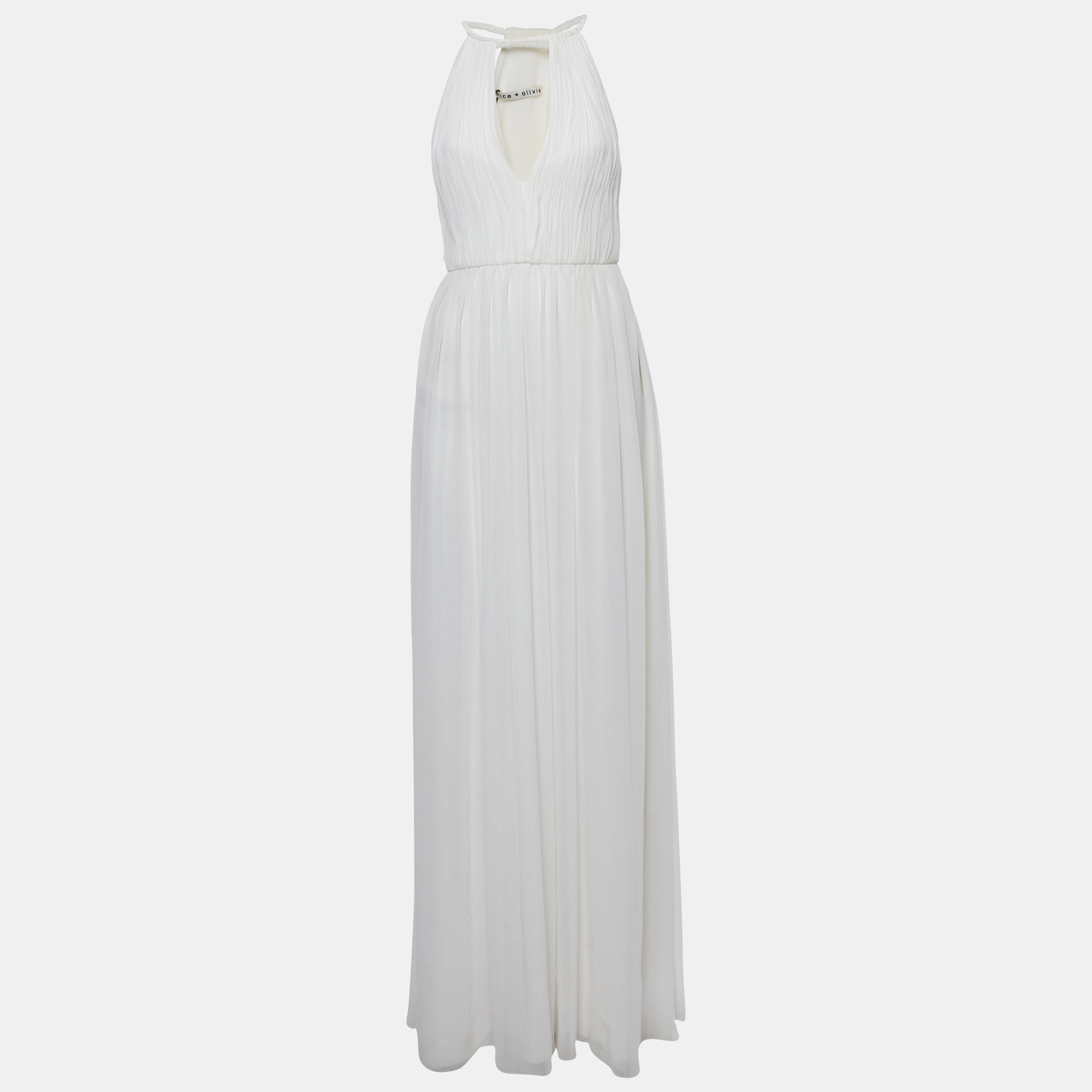 alice + olivia off white plisse chiffon naomi maxi dress s