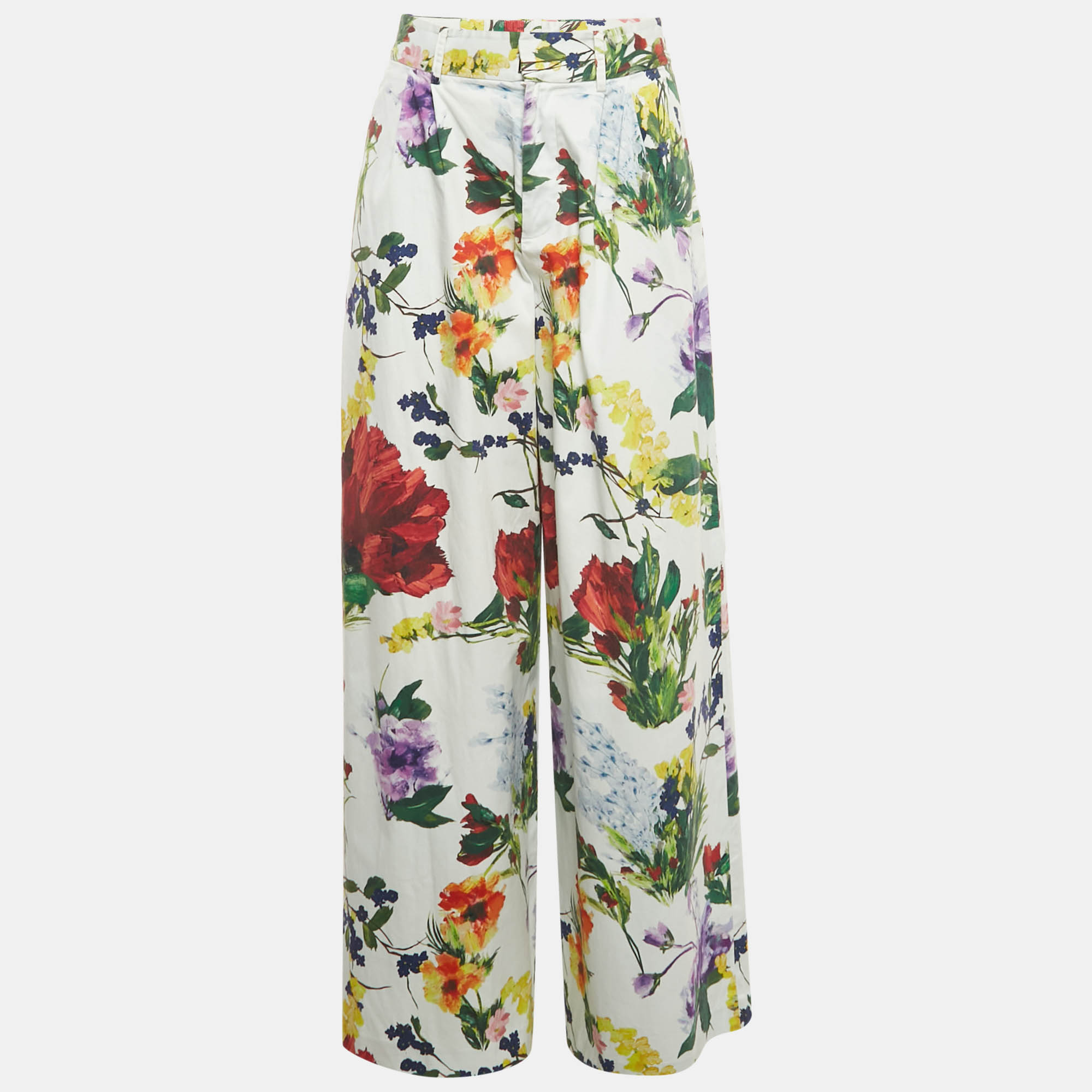 alice + olivia multicolor floral print cotton wide-leg trousers s