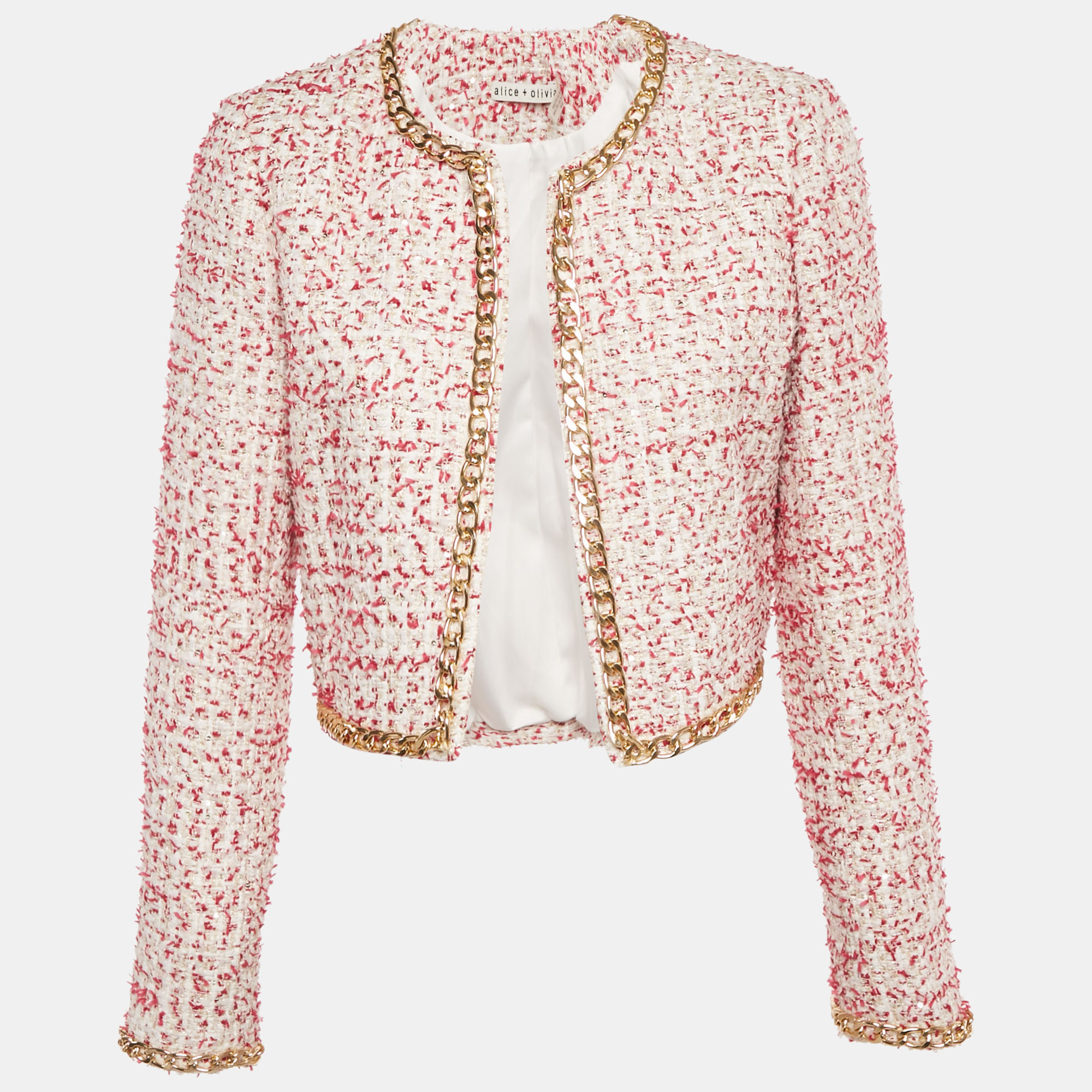 alice + olivia sequin embellished tweed chain detail cropped jacket m