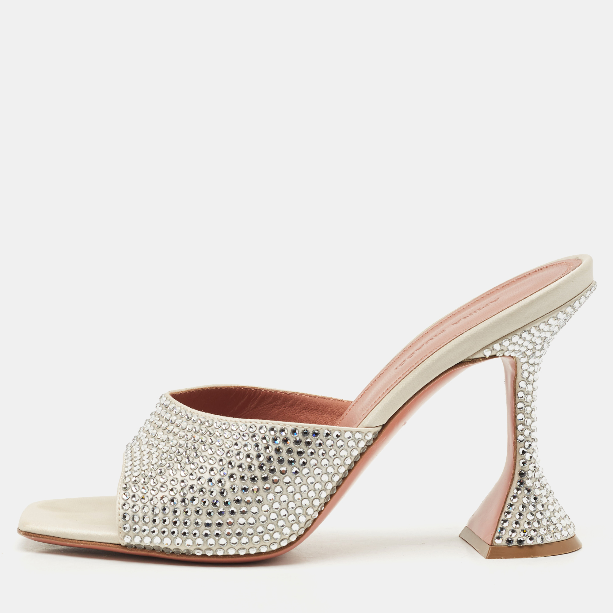 amina muaddi sliver satin lupita slide sandals size 37.5