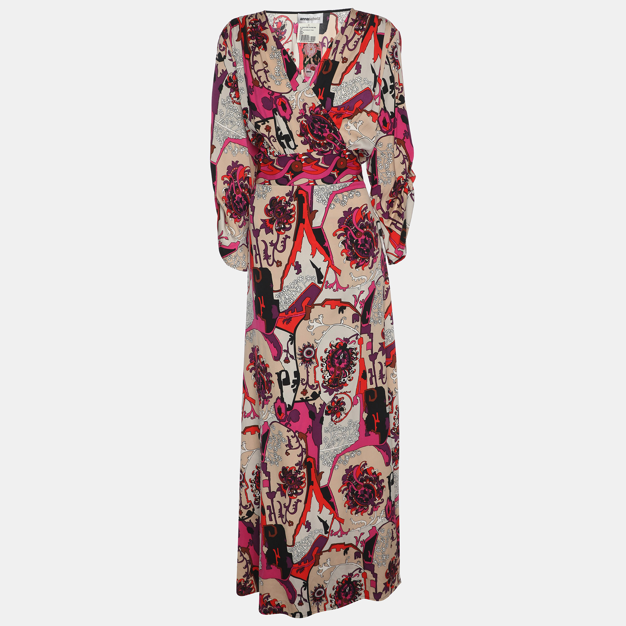 anna scholz multicolor stretch silk paisley print wrap maxi dress xxl