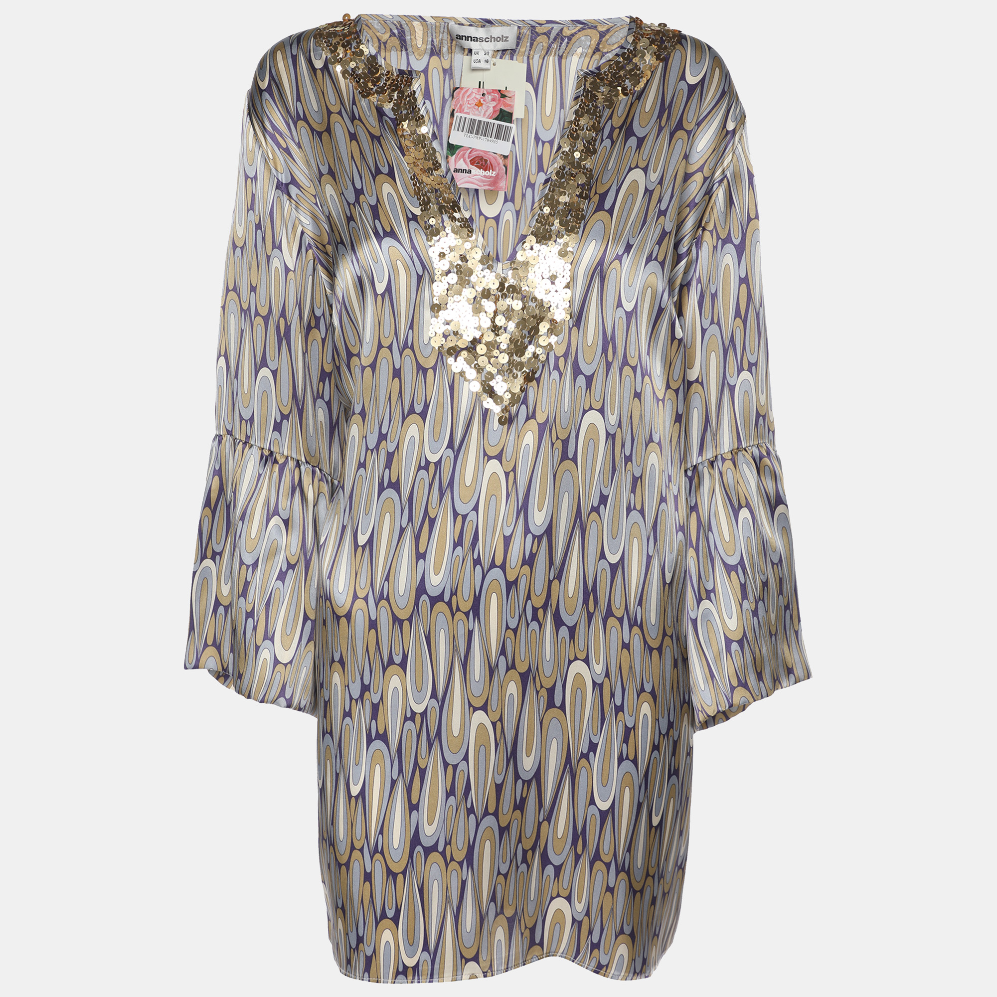 anna scholz multicolor satin sequin embellishment wide sleeve v neck tunic xl