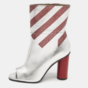 anya hindmarch silver/burgundy stripe leather peep toe ankle boots size 40