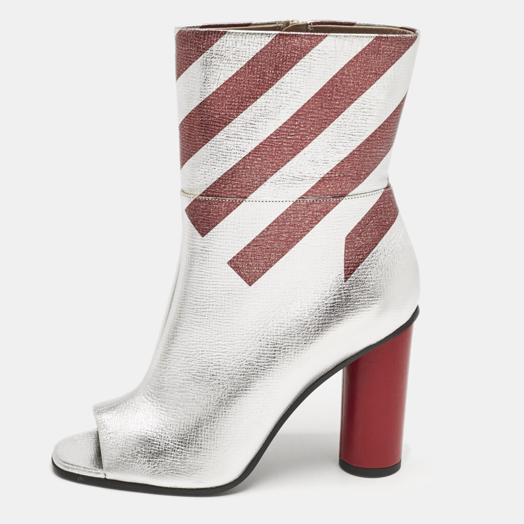 luxury-women-anya-hindmarch-new-shoes-p1131985-001.jpg Anya Hindmarch Silver/Burgundy Stripe Leather Peep Toe Ankle Boots Size 40