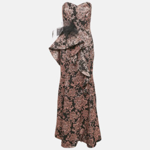 badgley mischka black/metallic floral jacquard ruffled strapless gown m