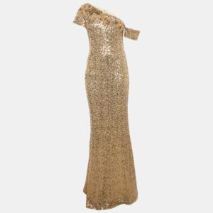 badgley mischka gold sequins nylon asymmetrical neck long dress xs