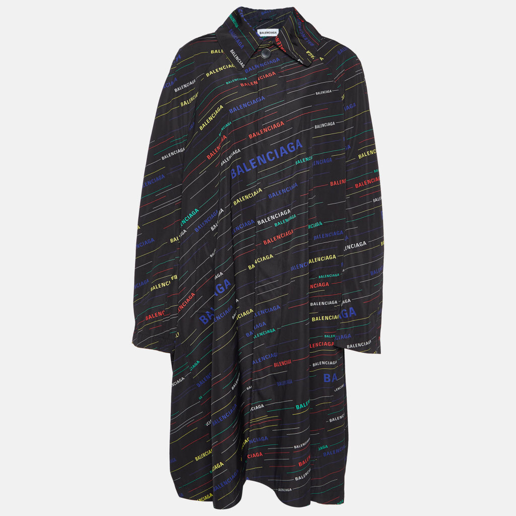 luxury-women-balenciaga-used-clothes-p962139-001.jpg Balenciaga Black All Over Logo Print Technical Oversized Coat S