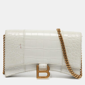 balenciaga white croc embossed leather hourglass wallet on chain