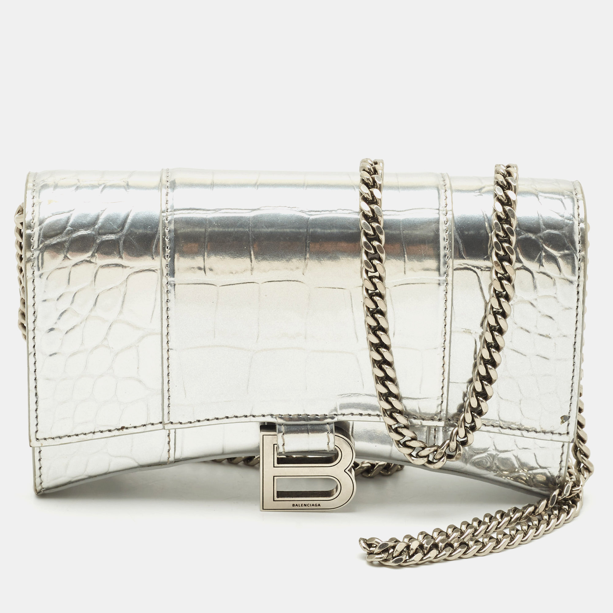 balenciaga silver croc embossed patent leather hourglass wallet on chain