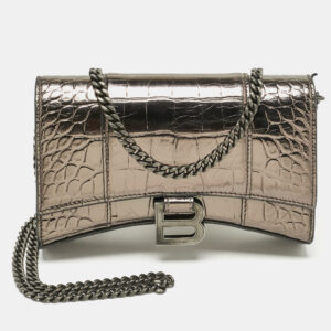 balenciaga metallic grey croc embossed leather hourglass wallet on chain