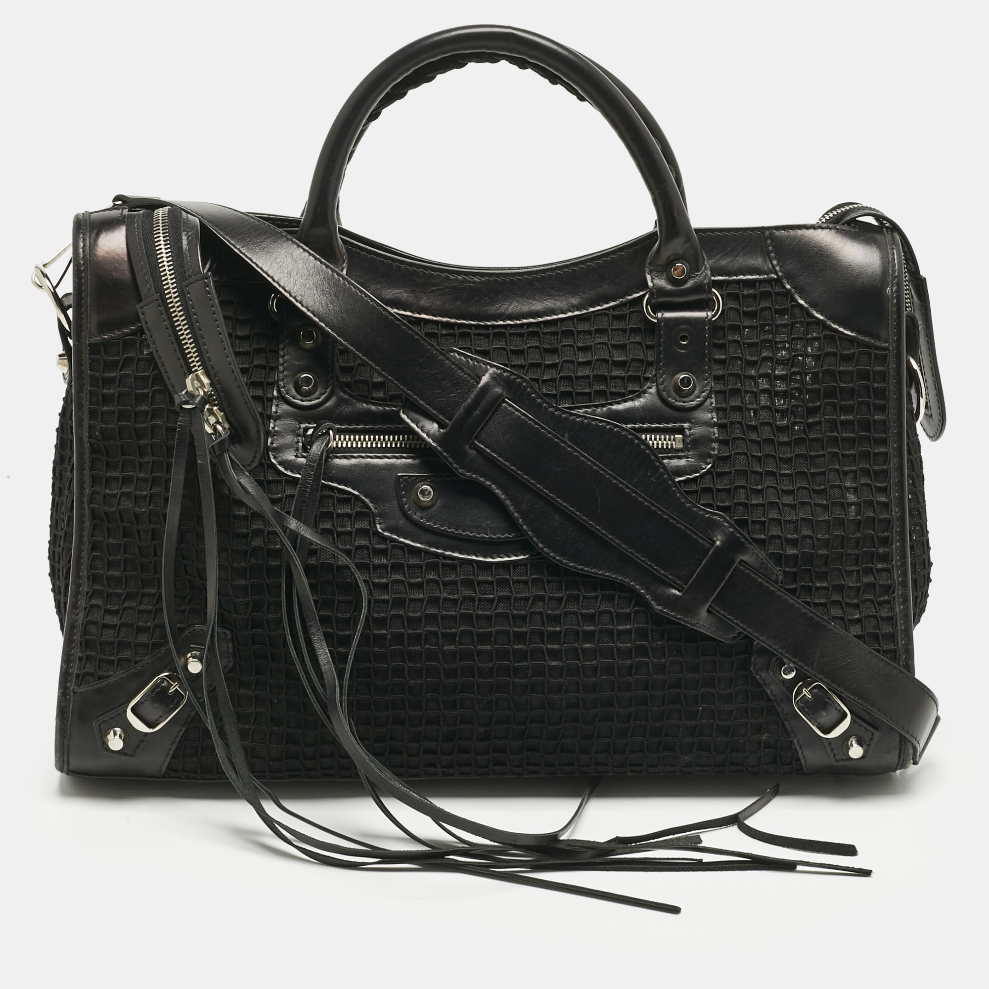 balenciaga black mesh nylon and leather classic city bag