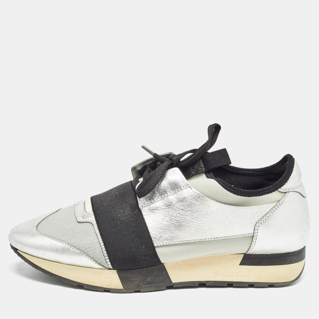 luxury-women-balenciaga-used-shoes-p1015482-001.jpg Balenciaga Silver/Grey Leather and Knit Fabric Race Runner Sneakers Size 40